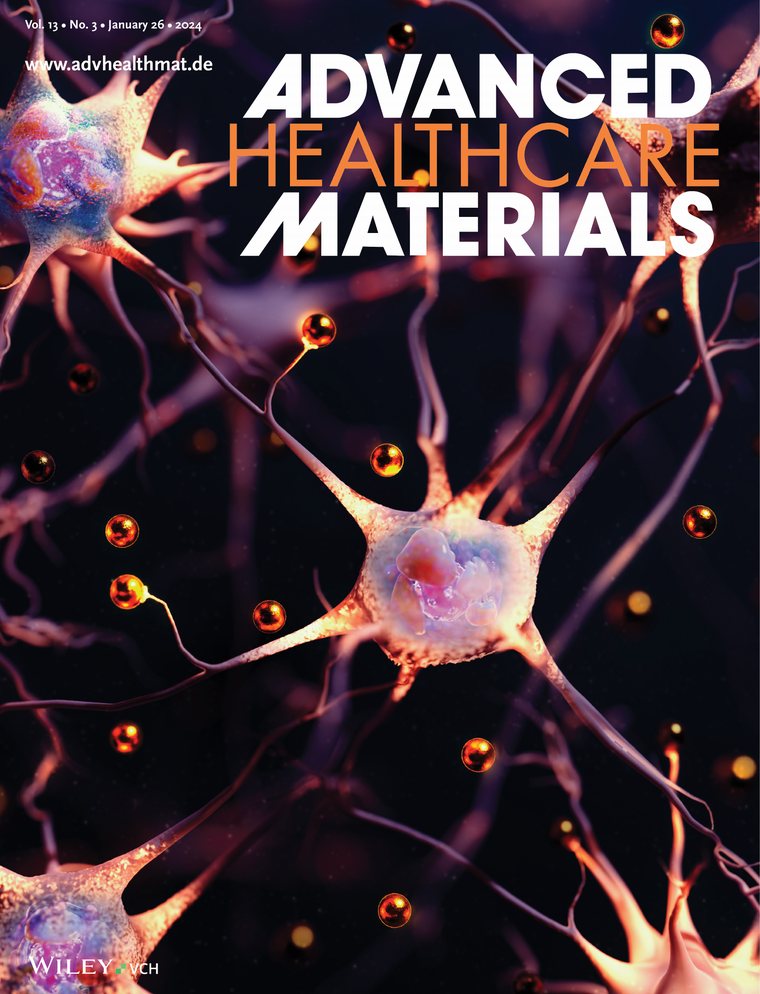 Cover of Advanced Healthcare Materials, Vol. 13, Issue 3 (2024), featuring our work on collagen–carbon nanodot scaffolds for neurite outgrowth