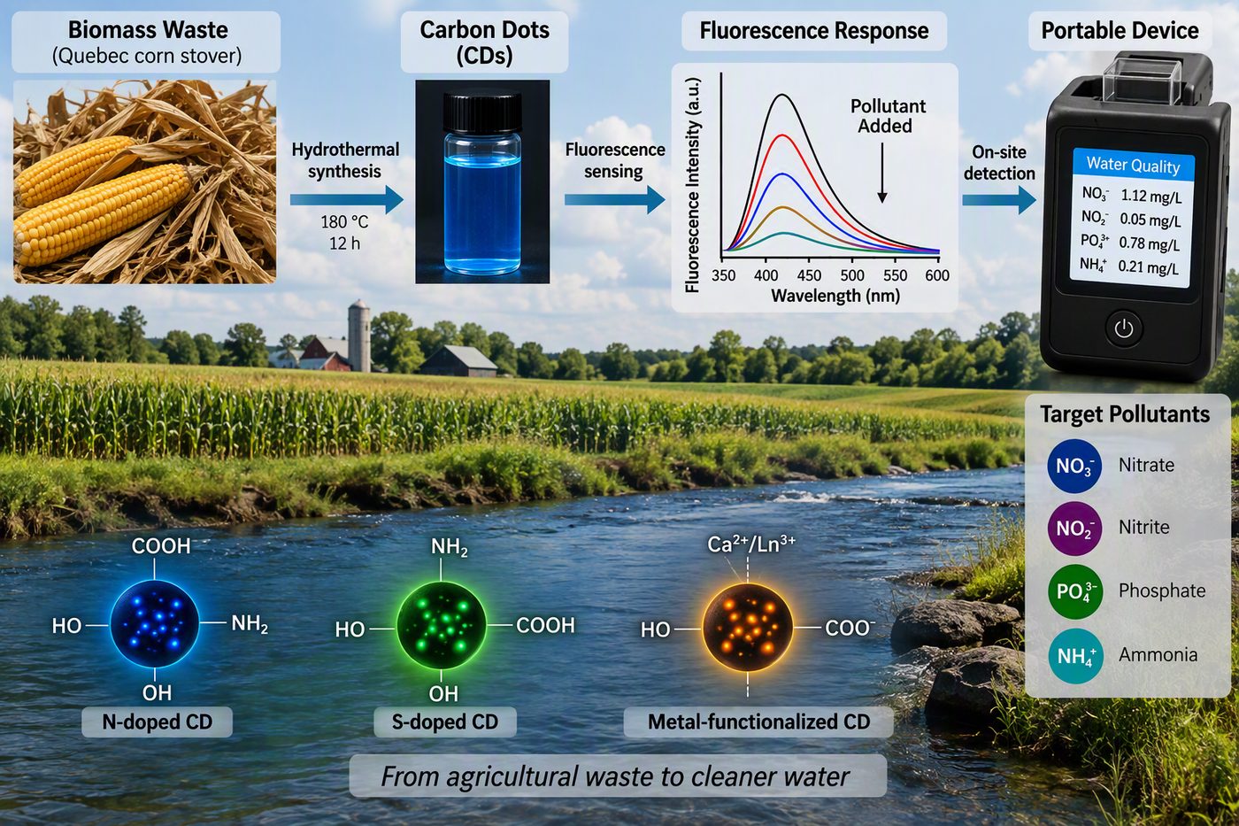 Illustration: from agricultural biomass to carbon dots for water-quality sensing