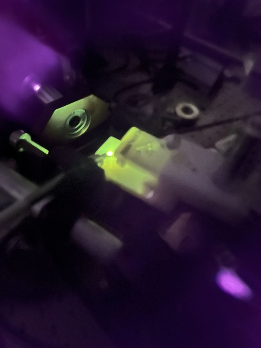 Close-up of a sample under laser excitation