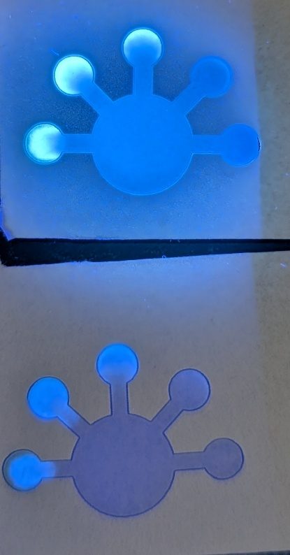 Paper-based carbon dot sensors glowing blue under UV light