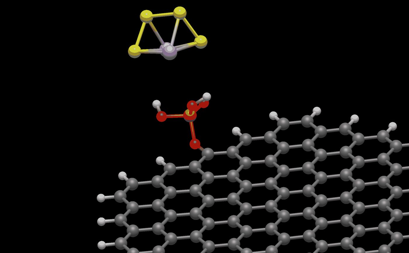 DFT model of a sulfur species interacting with a doped carbon surface (lithium–sulfur batteries).